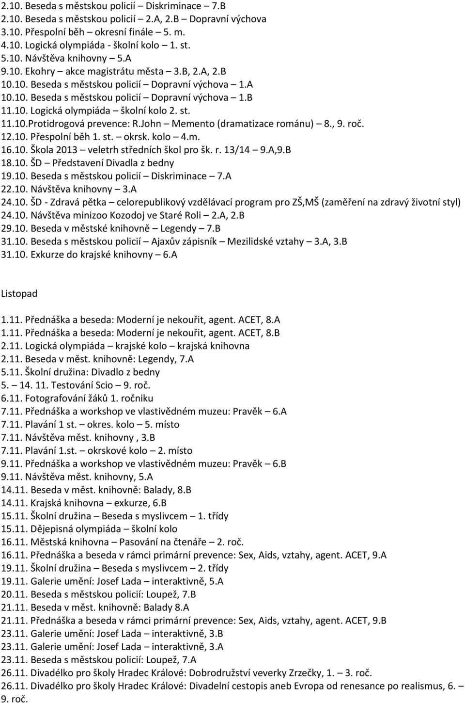 st. 11.10.Protidrogová prevence: R.John Memento (dramatizace románu) 8., 9. roč. 12.10. Přespolní běh 1. st. okrsk. kolo 4.m. 16.10. Škola 2013 veletrh středních škol pro šk. r. 13/14 9.A,9.B 18.10. ŠD Představení Divadla z bedny 19.