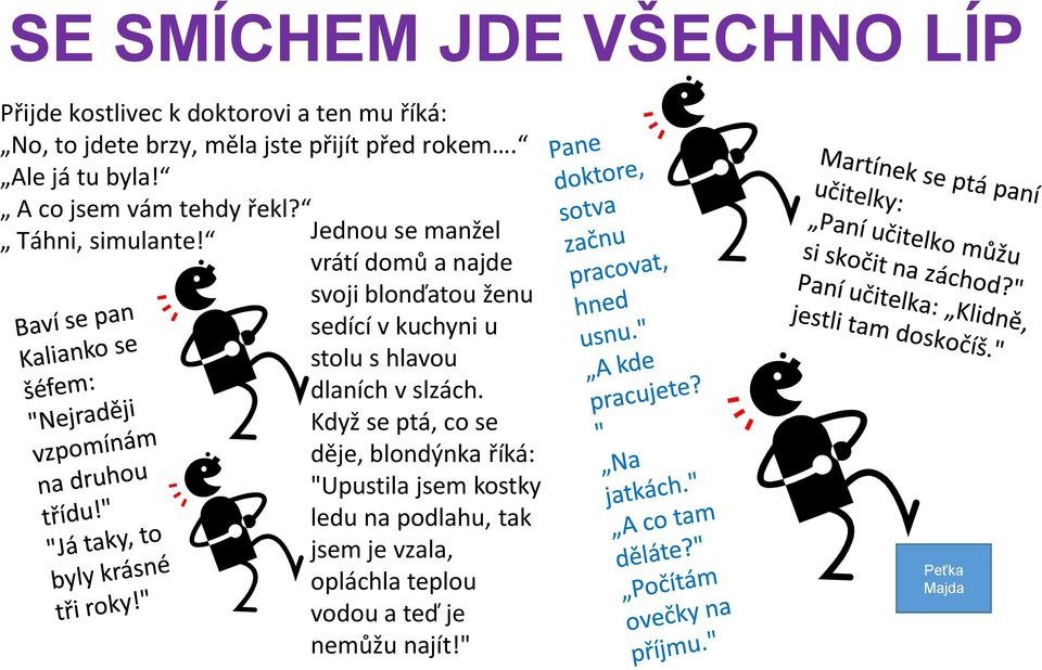 Jednou se manžel vrátí domů a najde svoji blonďatou ženu sedící v kuchyni u stolu s hlavou dlaních v slzách.