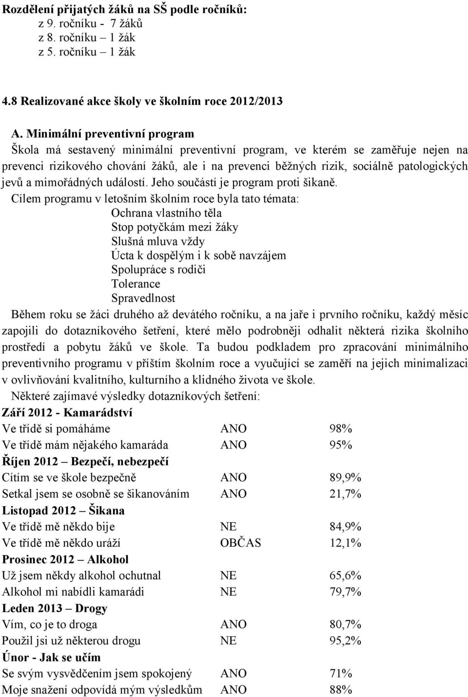 patologických jevů a mimořádných událostí. Jeho součástí je program proti šikaně.