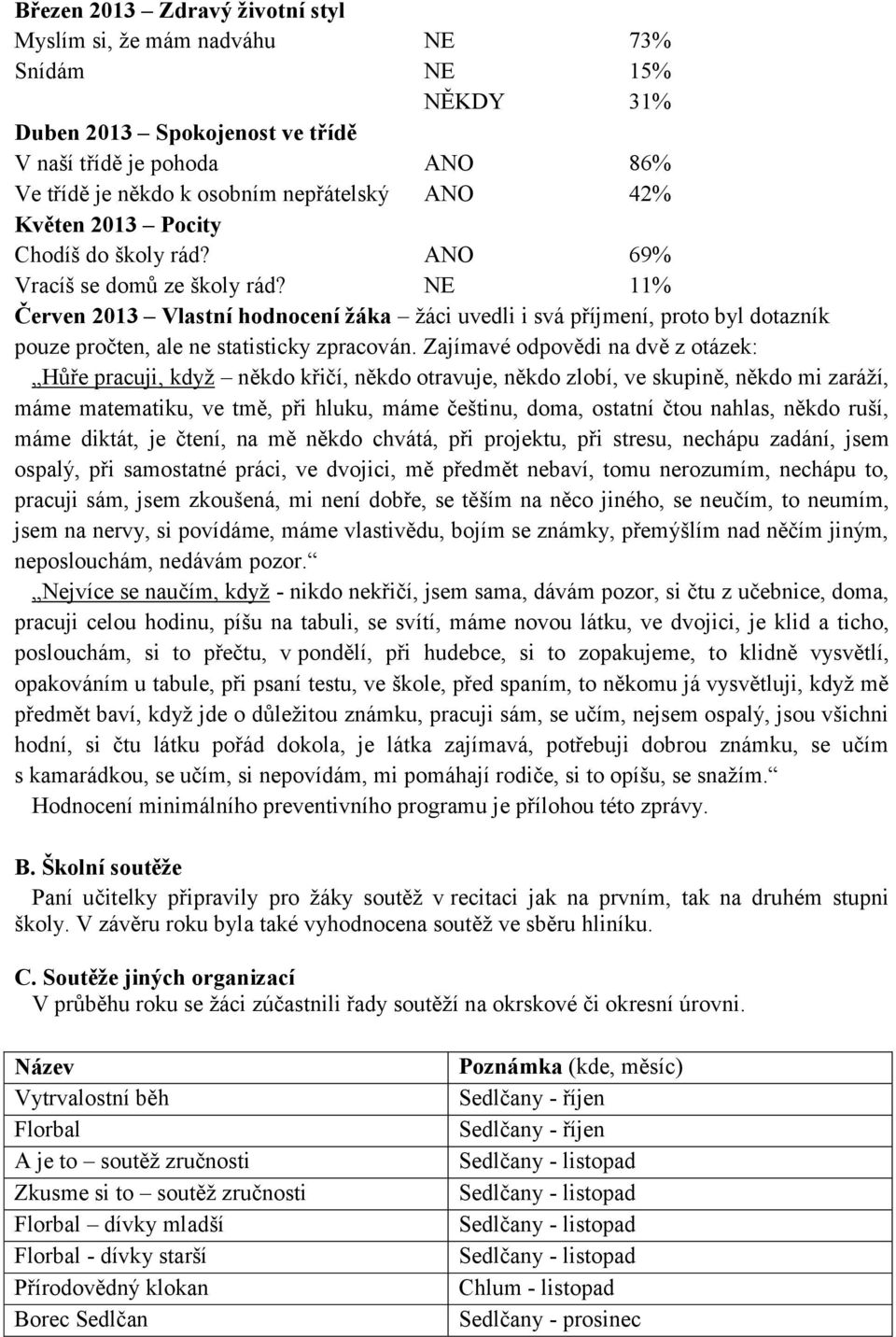 NE 11% Červen 2013 Vlastní hodnocení žáka žáci uvedli i svá příjmení, proto byl dotazník pouze pročten, ale ne statisticky zpracován.