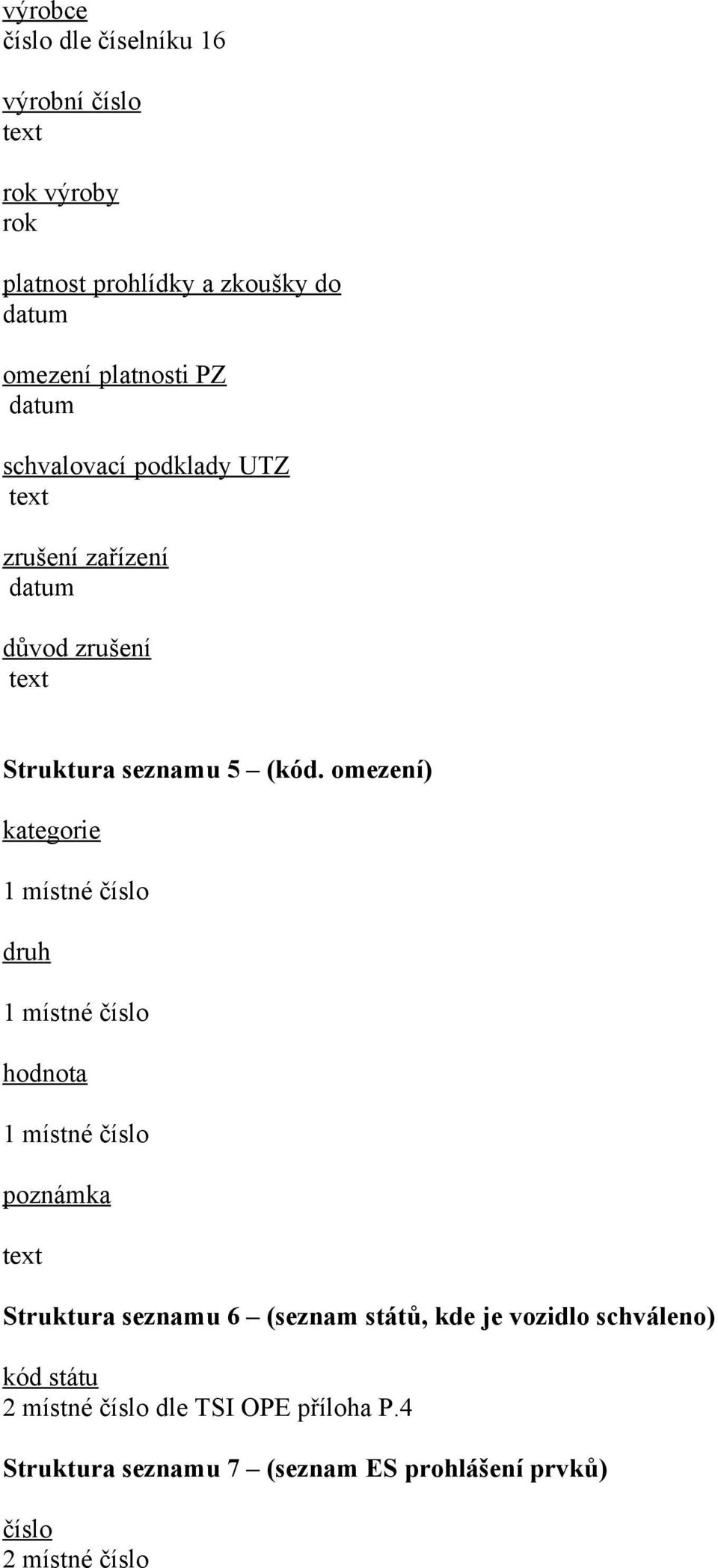 omezení) kategorie 1 místné druh 1 místné hodnota 1 místné poznámka Struktura seznamu 6 (seznam států,