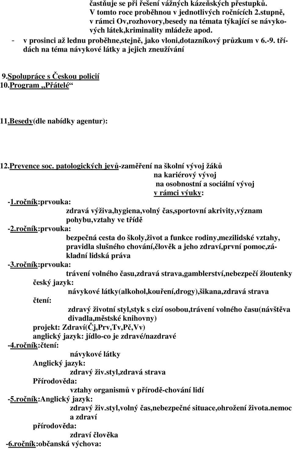 třídách na téma návykové látky a jejich zneužívání 9.Spolupráce s Českou policií 10.Program Přátelé 11.Besedy(dle nabídky agentur): 12.Prevence soc.