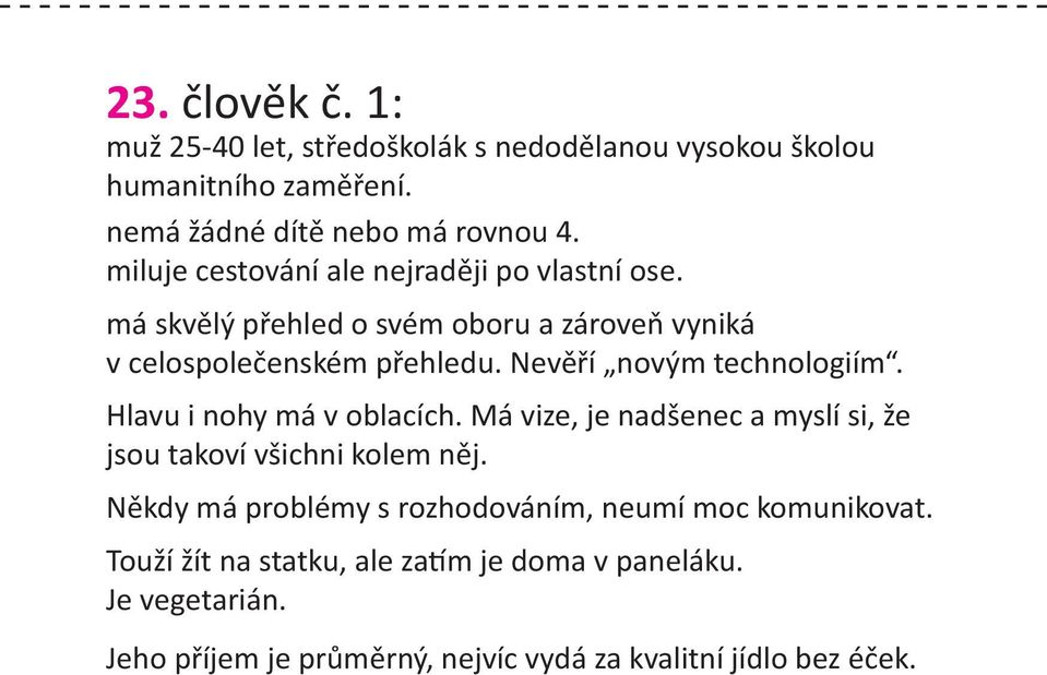 Nevěří novým technologiím. Hlavu i nohy má v oblacích. Má vize, je nadšenec a myslí si, že jsou takoví všichni kolem něj.