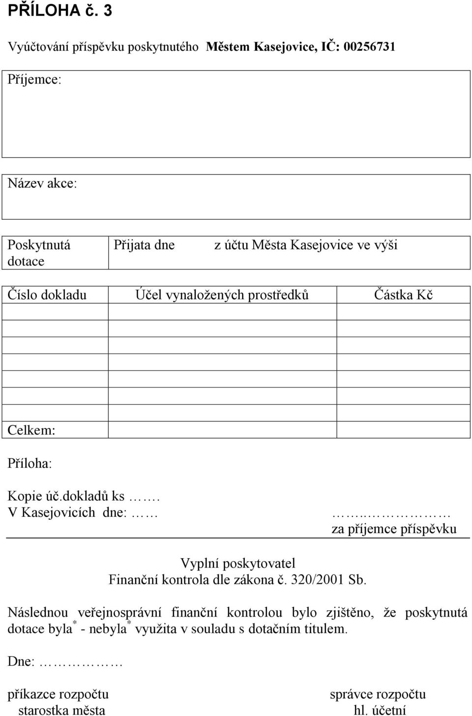 Kasejovice ve výši Číslo dokladu Účel vynaložených prostředků Částka Kč Celkem: Příloha: Kopie úč.dokladů ks. V Kasejovicích dne:.