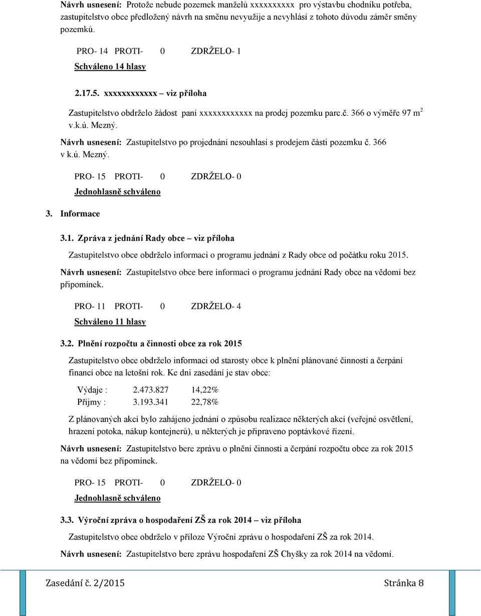 Návrh usnesení: Zastupitelstvo po projednání nesouhlasí s prodejem části pozemku č. 366 v k.ú. Mezný. 3. Informace 3.1.