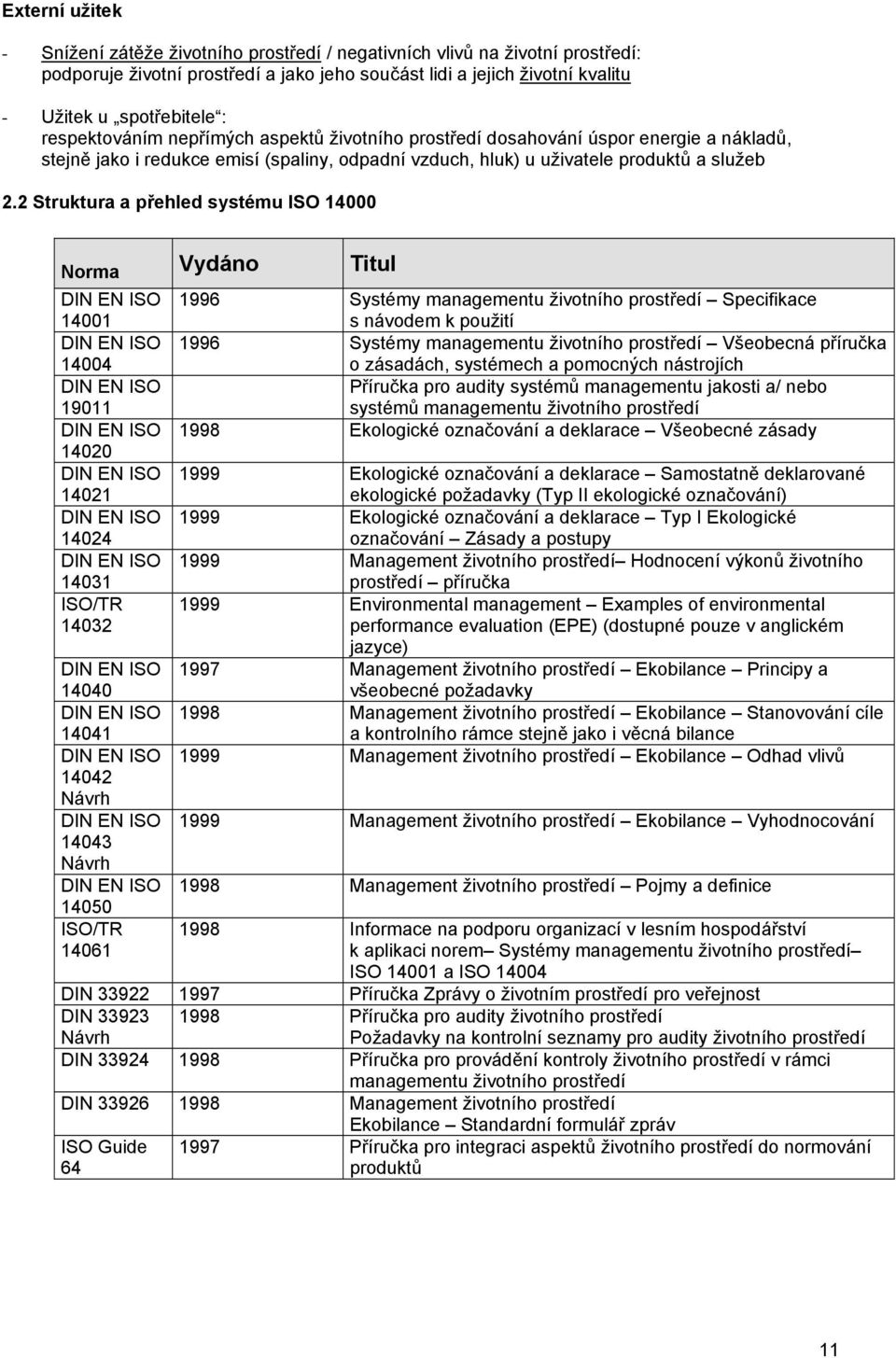 2 Struktura a přehled systému ISO 14000 Norma Vydáno Titul 14001 14004 19011 14020 14021 14024 14031 ISO/TR 14032 14040 14041 14042 Návrh 14043 Návrh 14050 ISO/TR 14061 1996 Systémy managementu
