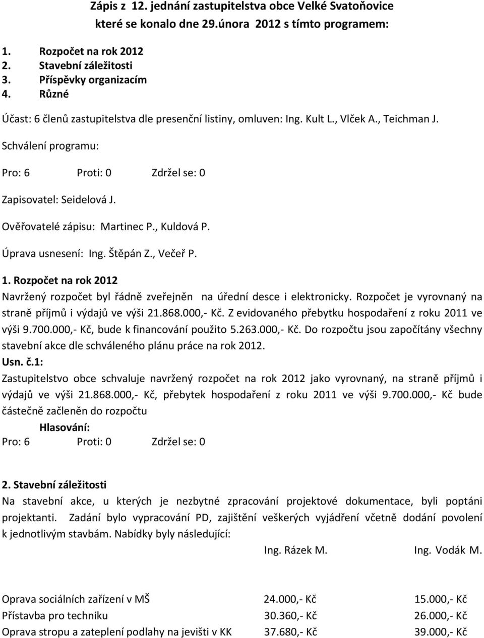 Ověřovatelé zápisu: Martinec P., Kuldová P. Úprava usnesení: Ing. Štěpán Z., Večeř P. 1. Rozpočet na rok 2012 Navržený rozpočet byl řádně zveřejněn na úřední desce i elektronicky.