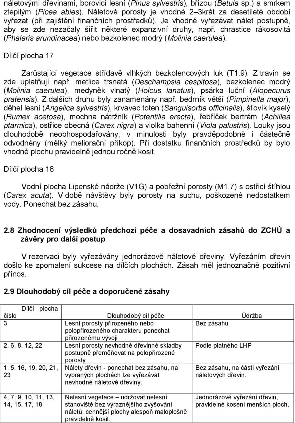 chrastice rákosovitá (Phalaris arundinacea) nebo bezkolenec modrý (Molinia caerulea). Dílčí plocha 17 Zarůstající vegetace střídavě vlhkých bezkolencových luk (T1.9). Z travin se zde uplatňují např.