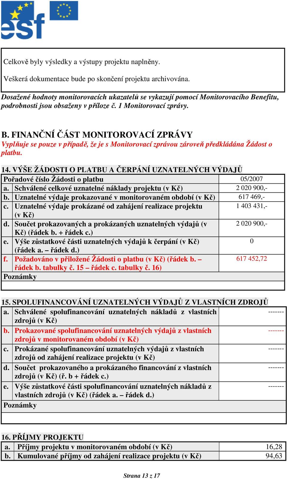 nefitu, podrobnosti jsou obsaženy v příloze č. 1 Monitorovací zprávy. B.