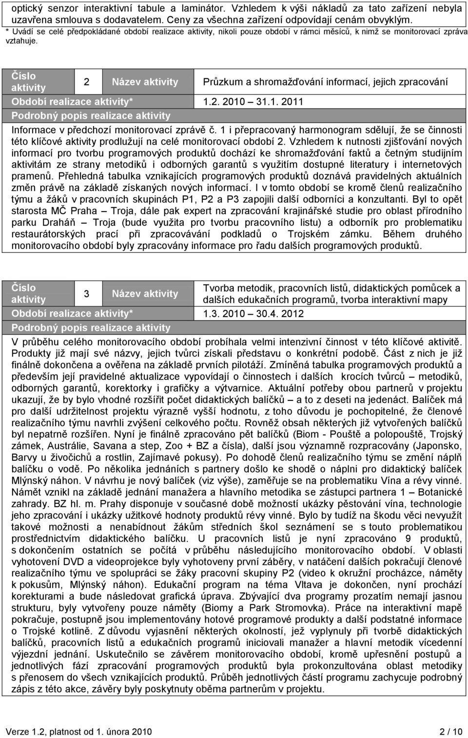 Číslo 2 Název aktivity Průzkum a shromaţďování informací, jejich zpracování aktivity Období realizace aktivity* 1.2. 2010 31.1. 2011 Podrobný popis realizace aktivity Informace v předchozí monitorovací zprávě č.