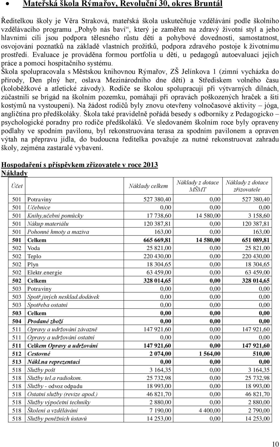 prostředí. Evaluace je prováděna formou portfolia u dětí, u pedagogů autoevaluací jejich práce a pomocí hospitačního systému.