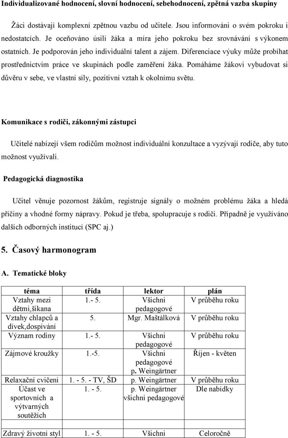 Diferenciace výuky může probíhat prostřednictvím práce ve skupinách podle zaměření žáka. Pomáháme žákovi vybudovat si důvěru v sebe, ve vlastní síly, pozitivní vztah k okolnímu světu.