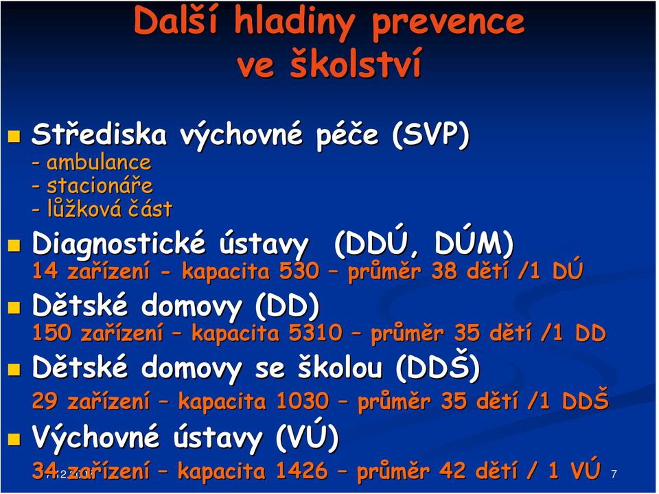 150 zařízen zení kapacita 5310 průměr r 35 dětí d /1 DD Dětské domovy se školou (DDŠ) 29 zařízen zení kapacita