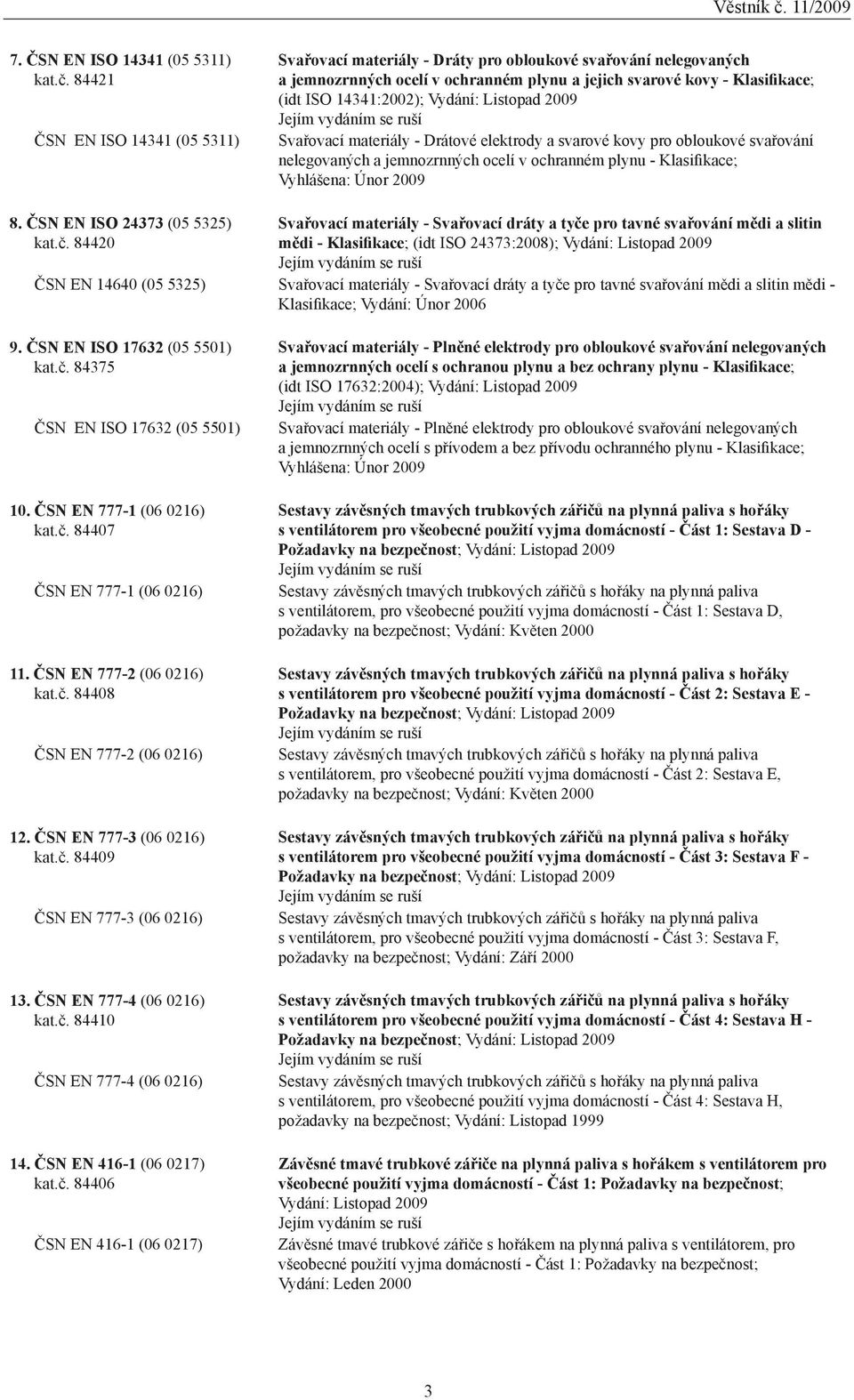 Vydání: Listopad 2009 Svařovací materiály - Drátové elektrody a svarové kovy pro obloukové svařování nelegovaných a jemnozrnných ocelí v ochranném plynu - Klasifikace; Vyhlášena: Únor 2009 8.