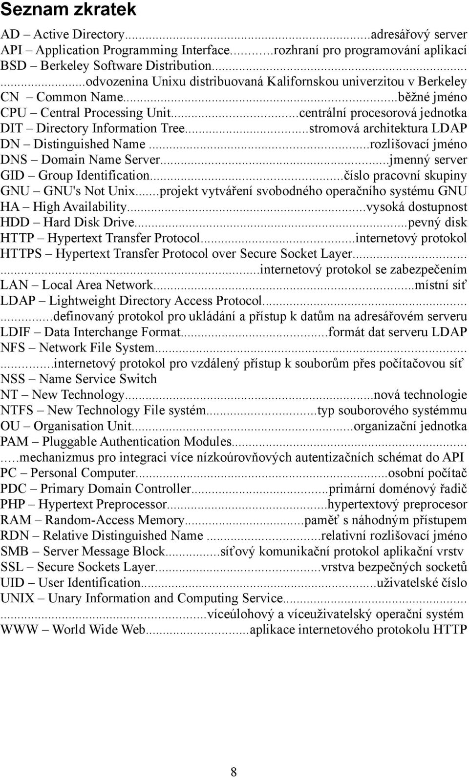 ..stromová architektura LDAP DN Distinguished Name...rozlišovací jméno DNS Domain Name Server...jmenný server GID Group Identification...číslo pracovní skupiny GNU GNU's Not Unix.