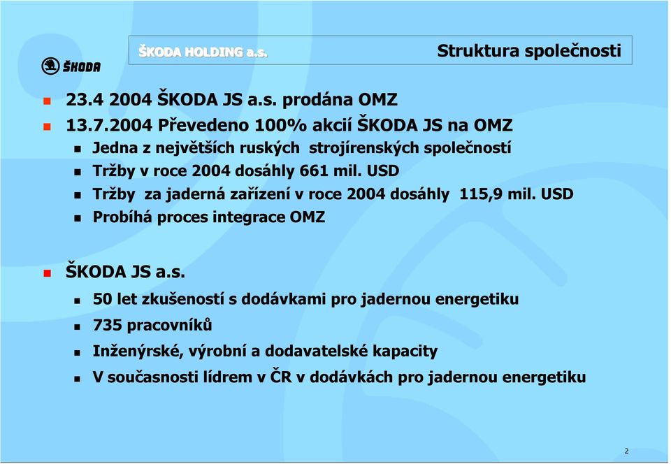 661 mil. USD Tržby za jaderná zařízení v roce 2004 dosá