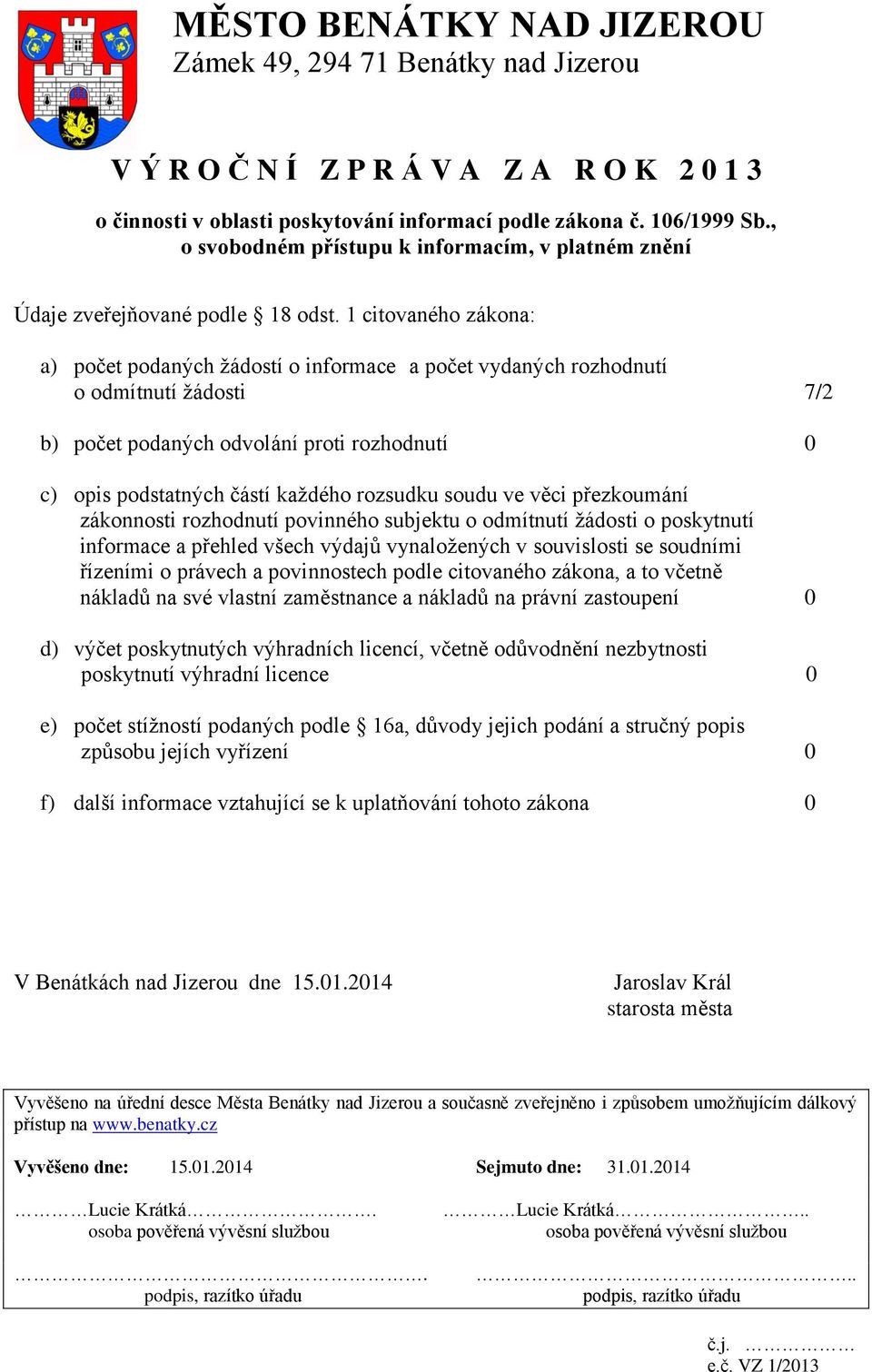 důvody jejich podání a stručný popis f) další informace vztahující se k uplatňování tohoto zákona 0 V Benátkách nad Jizerou dne 15.01.