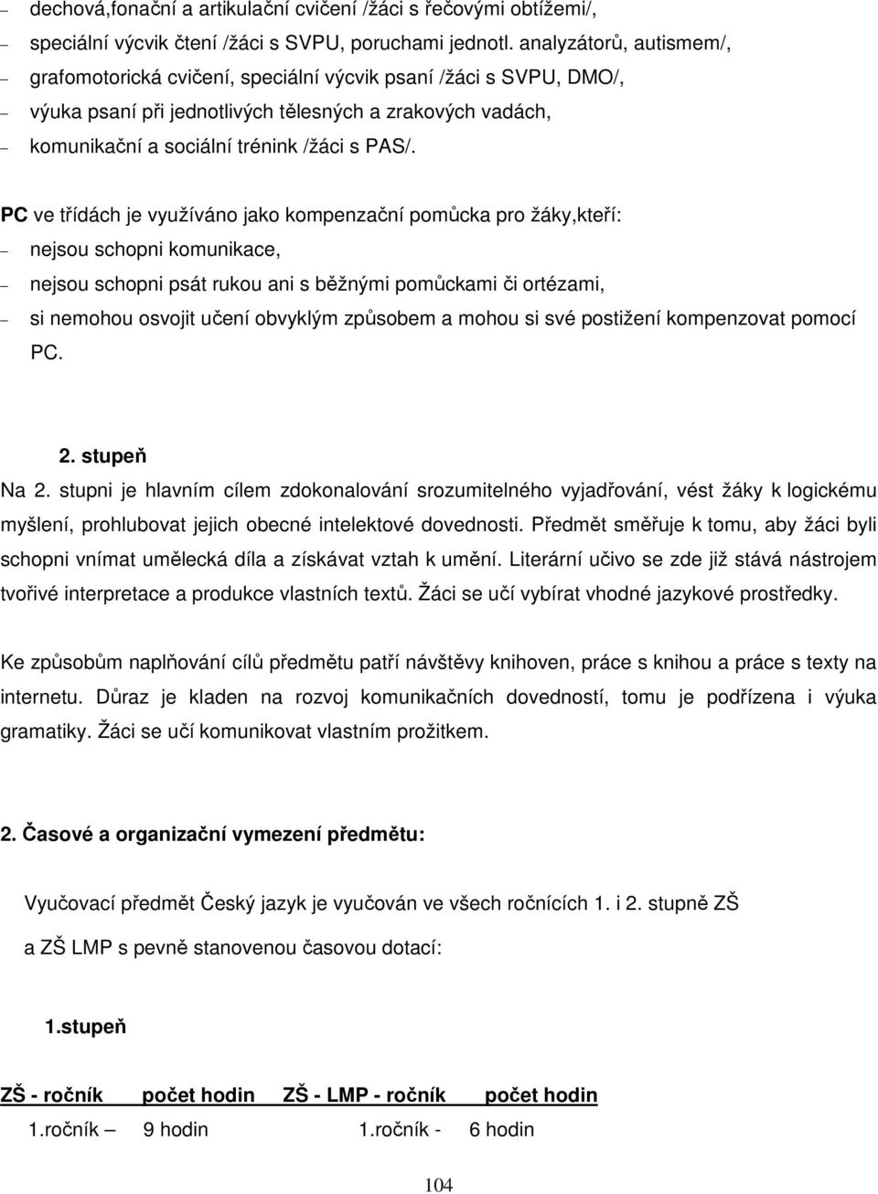 PC ve třídách je využíváno jako kompenzační pomůcka pro žáky,kteří: nejsou schopni komunikace, nejsou schopni psát rukou ani s běžnými pomůckami či ortézami, si nemohou osvojit učení obvyklým