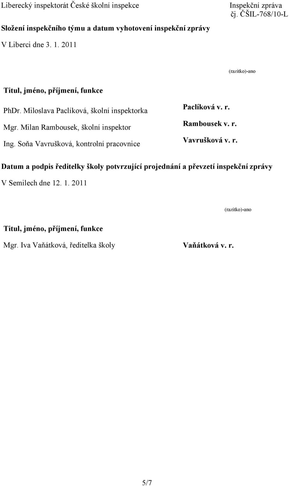 Milan Rambousek, školní inspektor Ing. Soňa Vavrušková, kontrolní pracovnice Paclíková v. r.