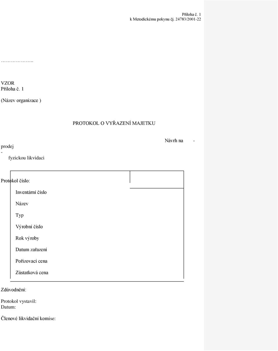 likvidaci Návrh na - Protokol číslo: Inventární číslo Název Typ Výrobní