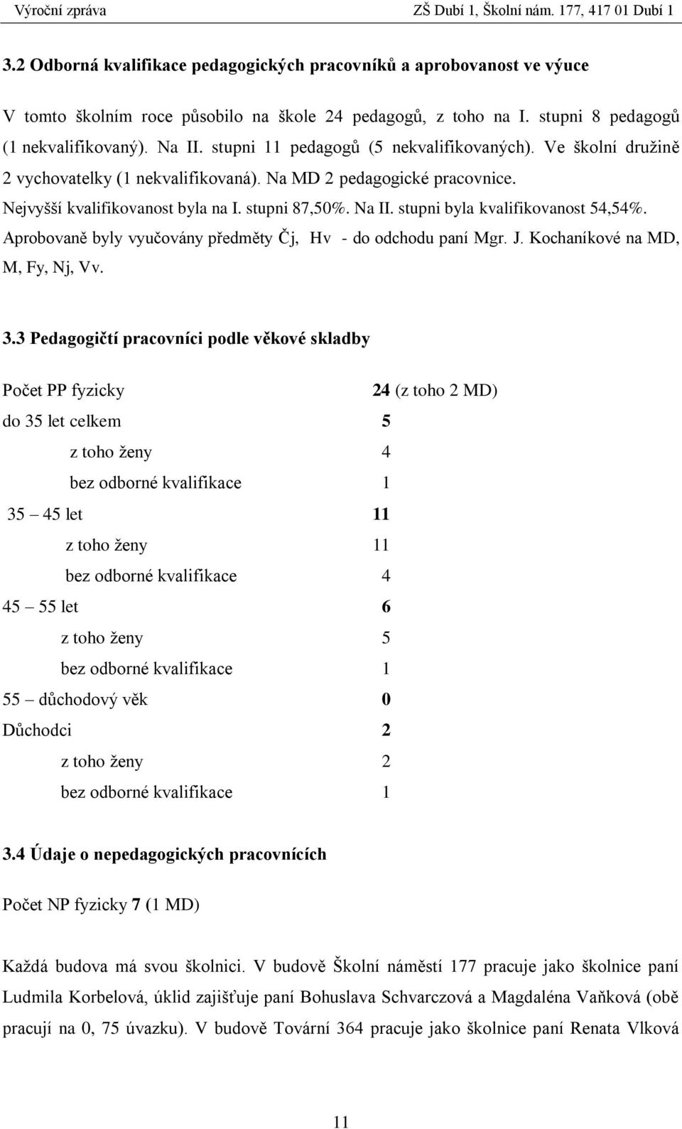 stupni byla kvalifikovanost 54,54%. Aprobovaně byly vyučovány předměty Čj, Hv - do odchodu paní Mgr. J. Kochaníkové na MD, M, Fy, Nj, Vv. 3.