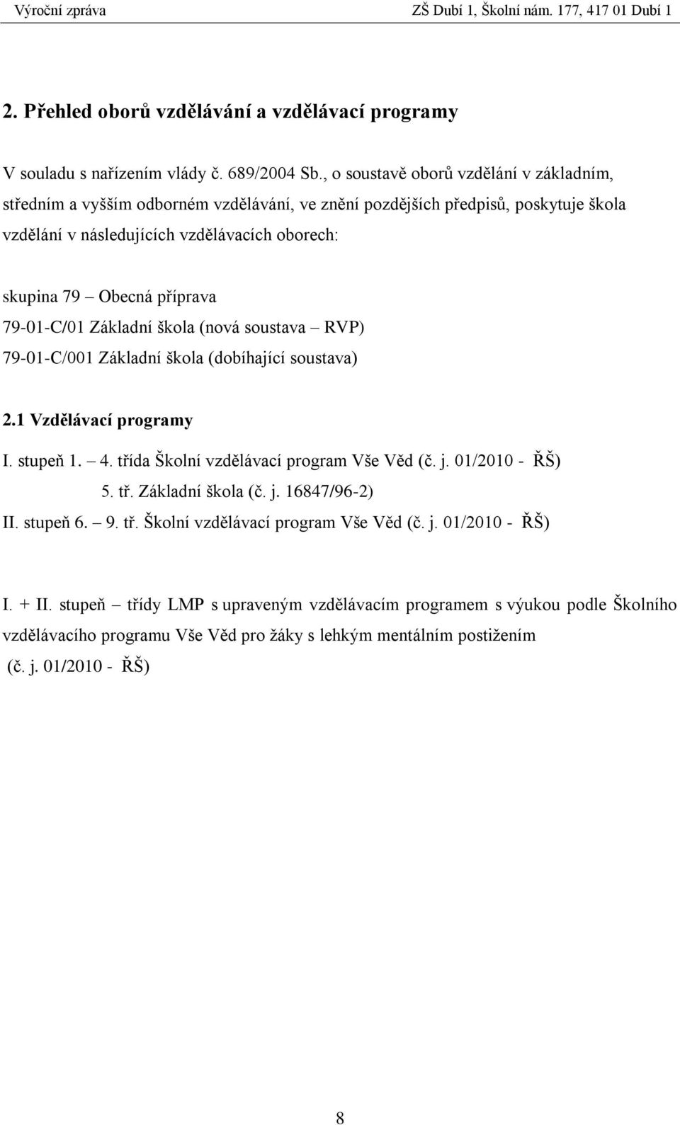 příprava 79-01-C/01 Základní škola (nová soustava RVP) 79-01-C/001 Základní škola (dobíhající soustava) 2.1 Vzdělávací programy I. stupeň 1. 4. třída Školní vzdělávací program Vše Věd (č. j.