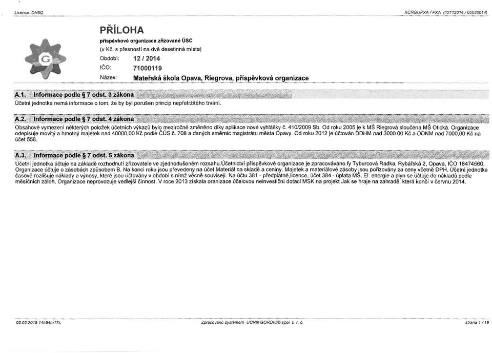 Obsahové vymezení některých položek účetních výkazů bylo l)leziročně změněno díky aplikace nové vyhlášky č. 410/2009 Sb. Od roku 2005 je k Mš Riegrová sloučena MŠ Otická.