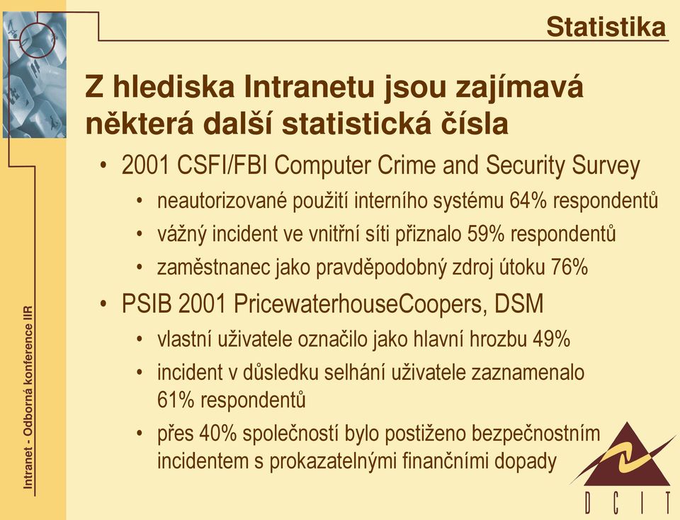 pravděpodobný zdroj útoku 76% PSIB 2001 PricewaterhouseCoopers, DSM vlastní uživatele označilo jako hlavní hrozbu 49% incident v