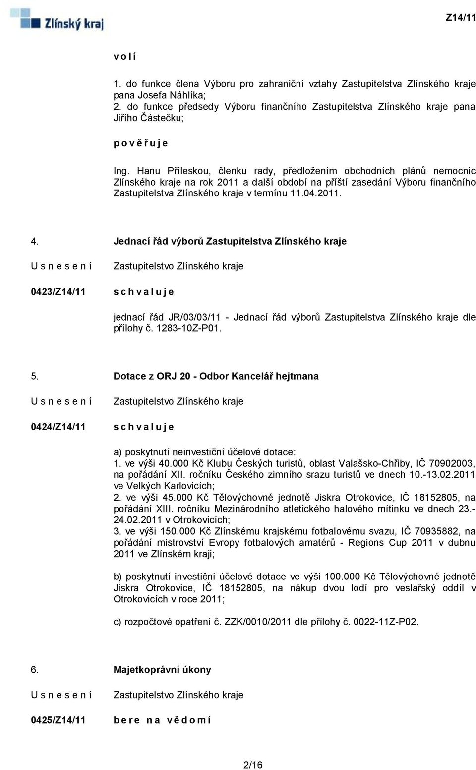 Hanu Příleskou, členku rady, předložením obchodních plánů nemocnic Zlínského kraje na rok 2011 a další období na příští zasedání Výboru finančního Zastupitelstva Zlínského kraje v termínu 11.04.2011. 4.