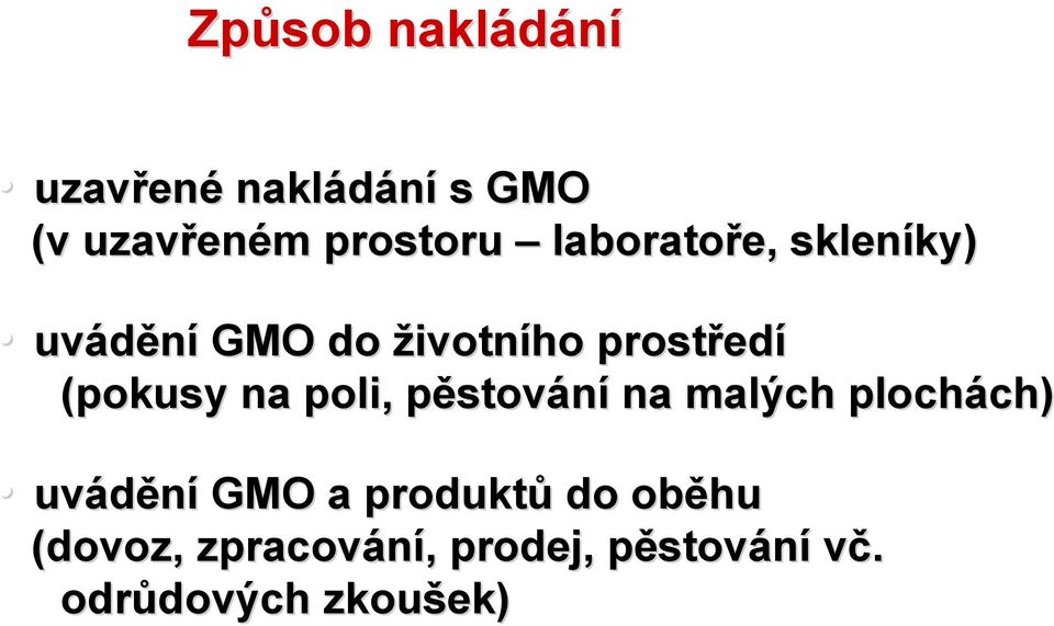 poli, pěstovp stování na malých plochách) ch) uvádění GMO a produktů do