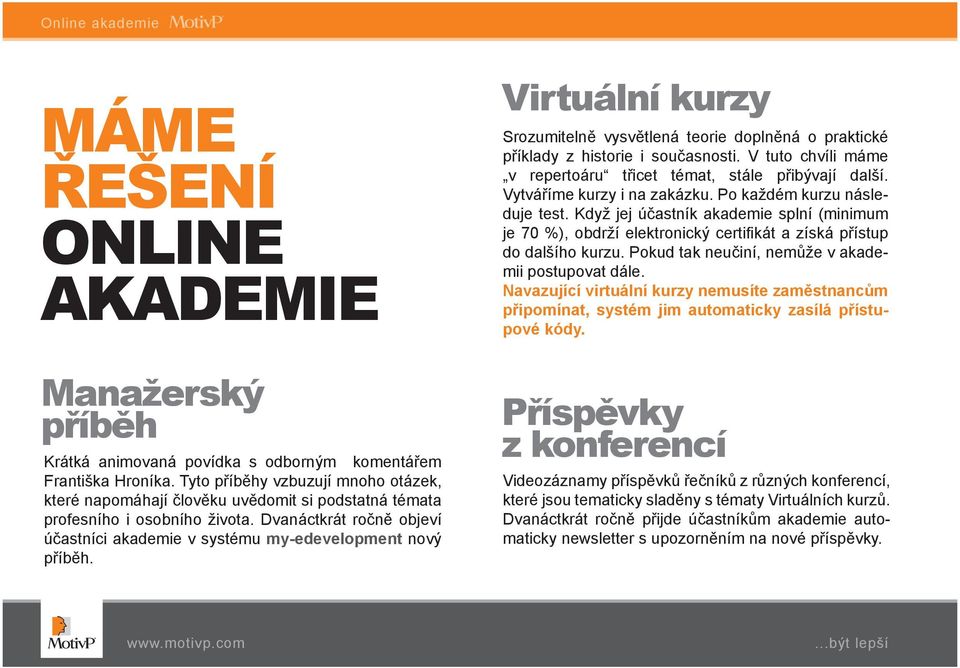 Dvanáctkrát ročně objeví účastníci akademie v systému my-edevelopment nový příběh. Virtuální kurzy Srozumitelně vysvětlená teorie doplněná o praktické příklady z historie i současnosti.