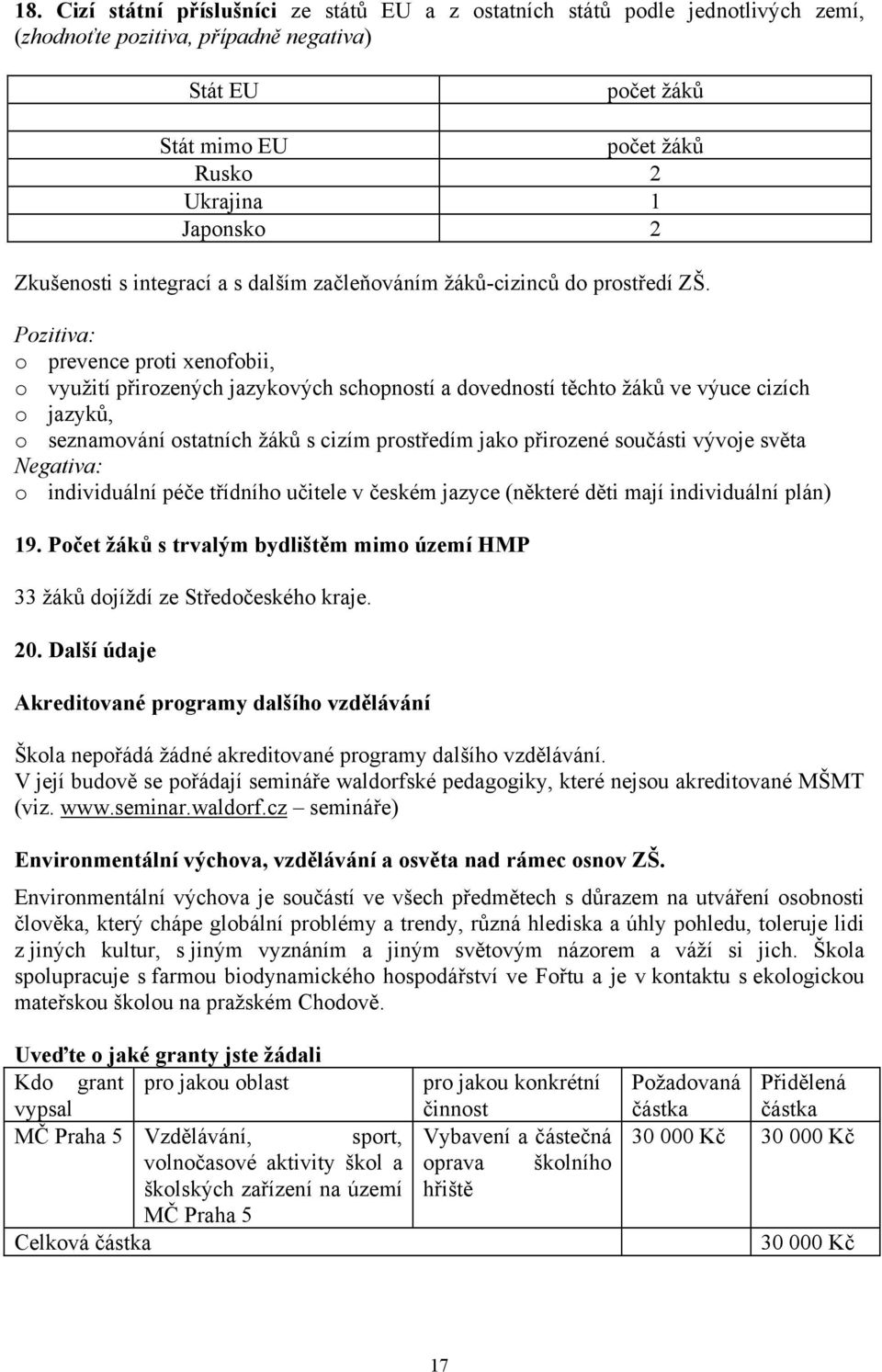 Pozitiva: o prevence proti xenofobii, o využití přirozených jazykových schopností a dovedností těchto žáků ve výuce cizích o jazyků, o seznamování ostatních žáků s cizím prostředím jako přirozené