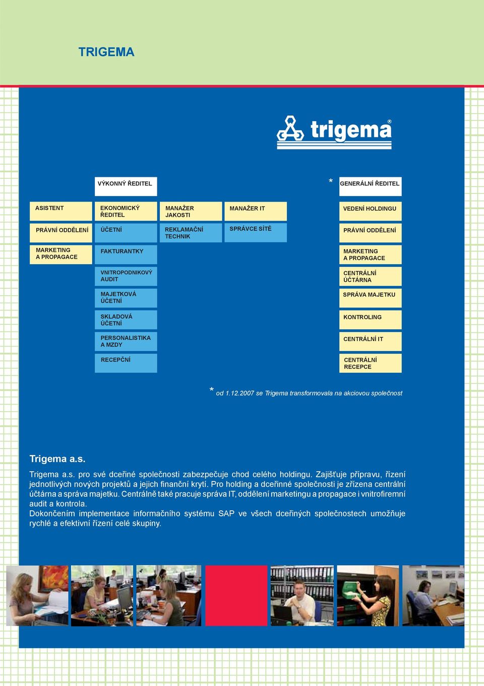 RECEPCE * od 1.12.2007 se Trigema transformovala na akciovou společnost Trigema a.s. Trigema a.s. pro své dce iné společnosti zabezpečuje chod celého holdingu.