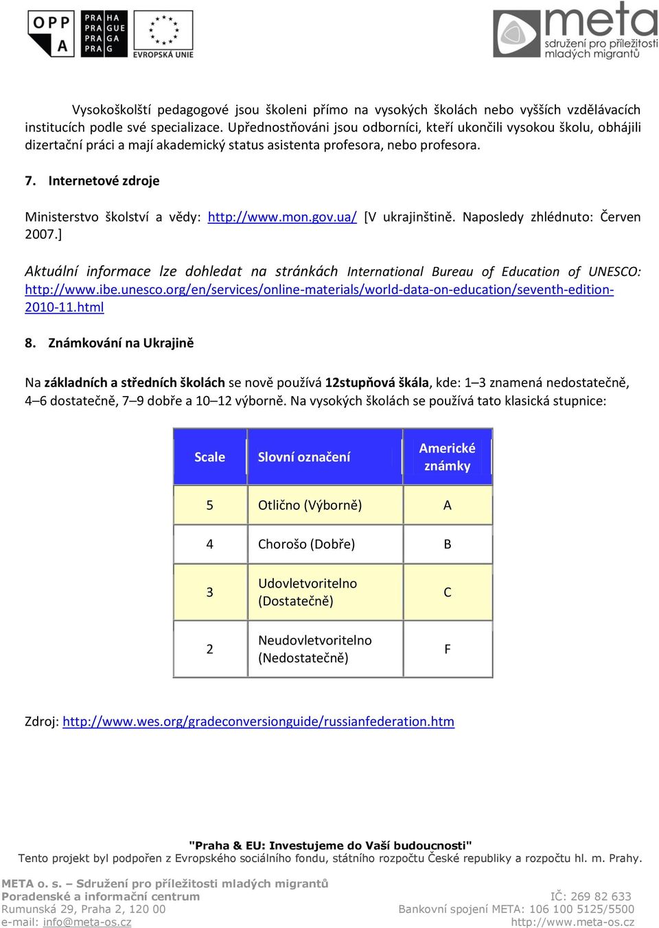 Internetové zdroje Ministerstvo školství a vědy: http://www.mon.gov.ua/ [V ukrajinštině. Naposledy zhlédnuto: Červen 2007.