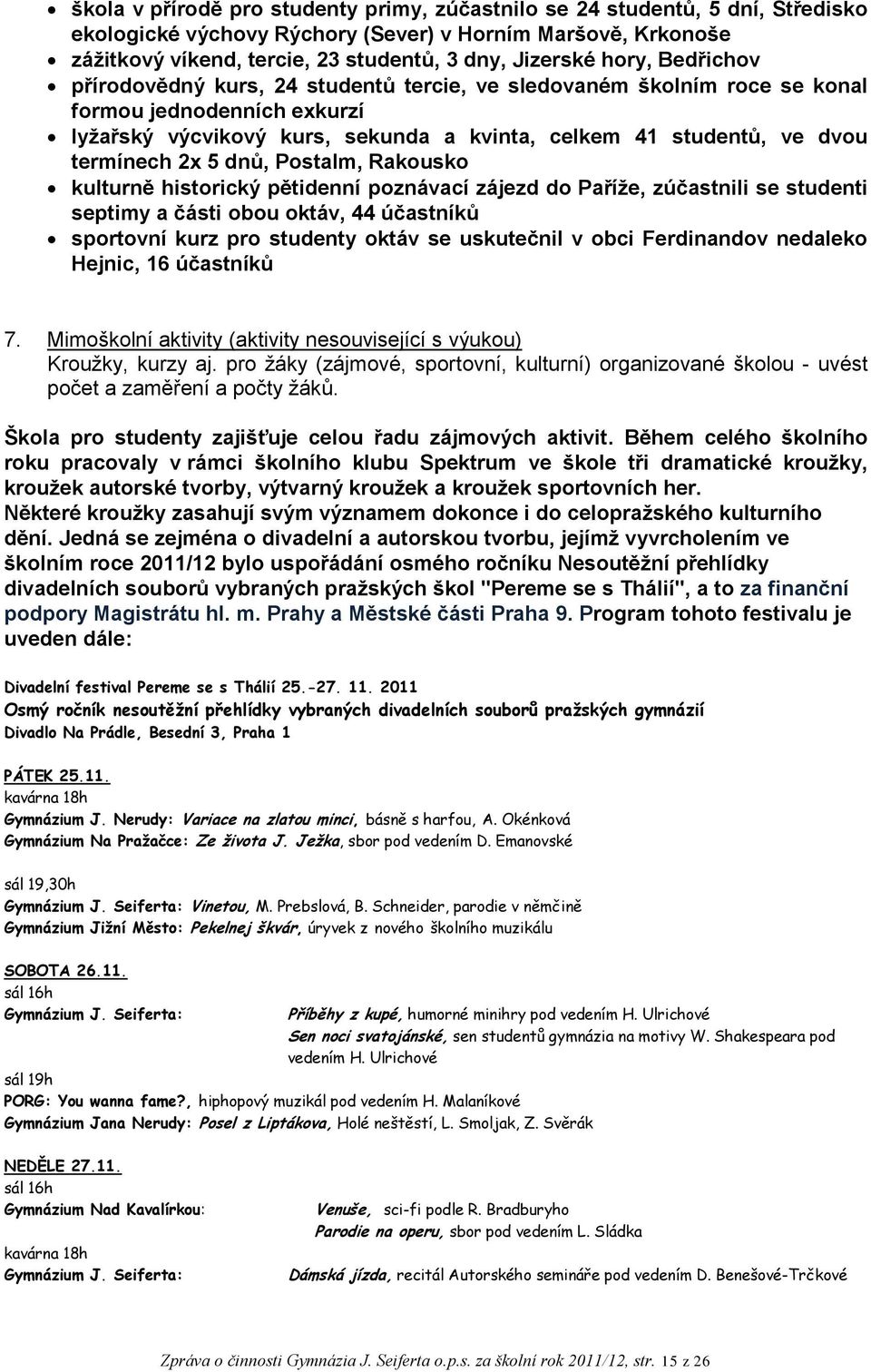 2x 5 dnů, Postalm, Rakousko kulturně historický pětidenní poznávací zájezd do Paříže, zúčastnili se studenti septimy a části obou oktáv, 44 účastníků sportovní kurz pro studenty oktáv se uskutečnil v