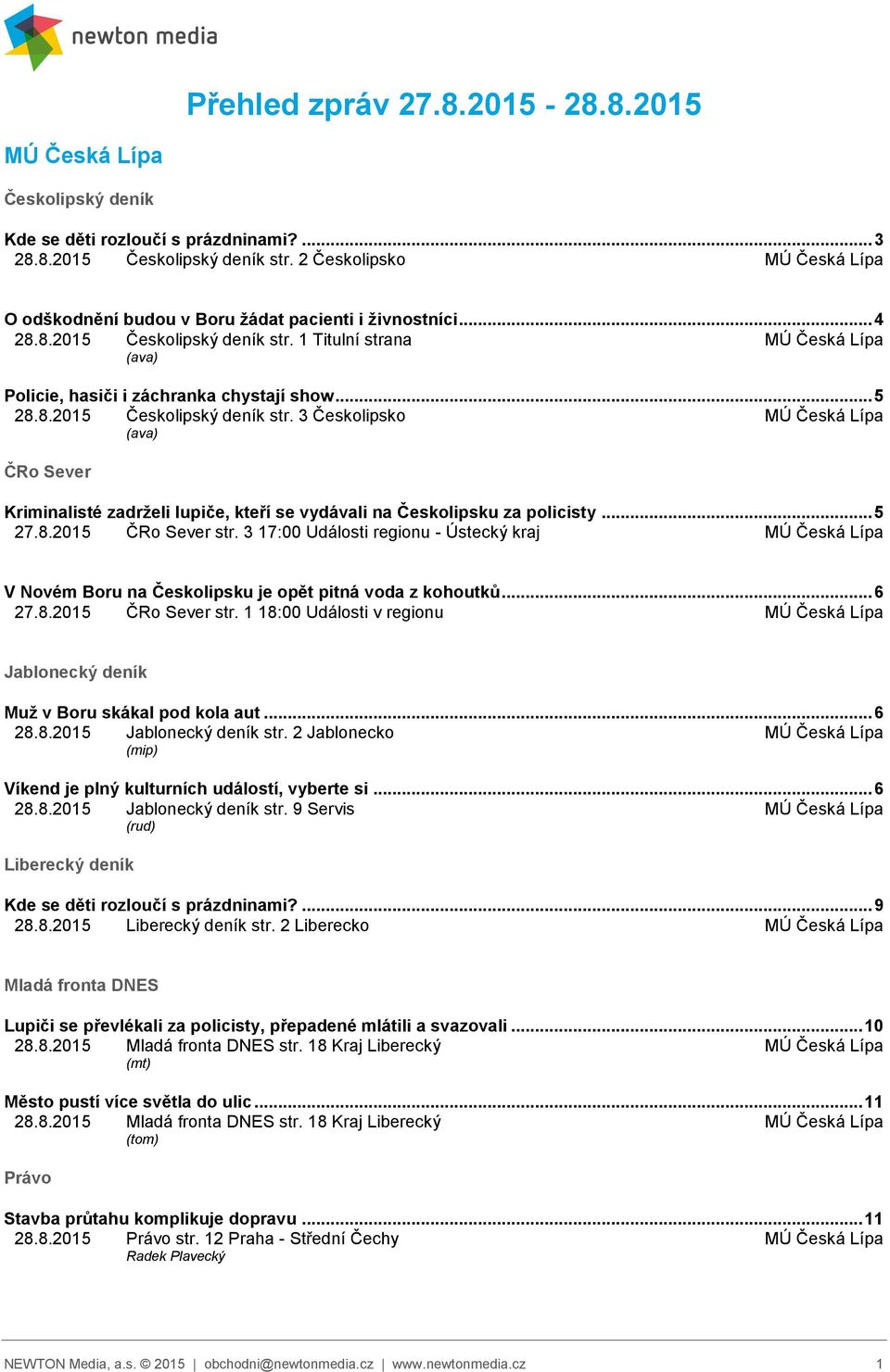.. 5 28.8.2015 Českolipský deník str. 3 Českolipsko MÚ Česká Lípa (ava) ČRo Sever Kriminalisté zadrželi lupiče, kteří se vydávali na Českolipsku za policisty... 5 27.8.2015 ČRo Sever str.