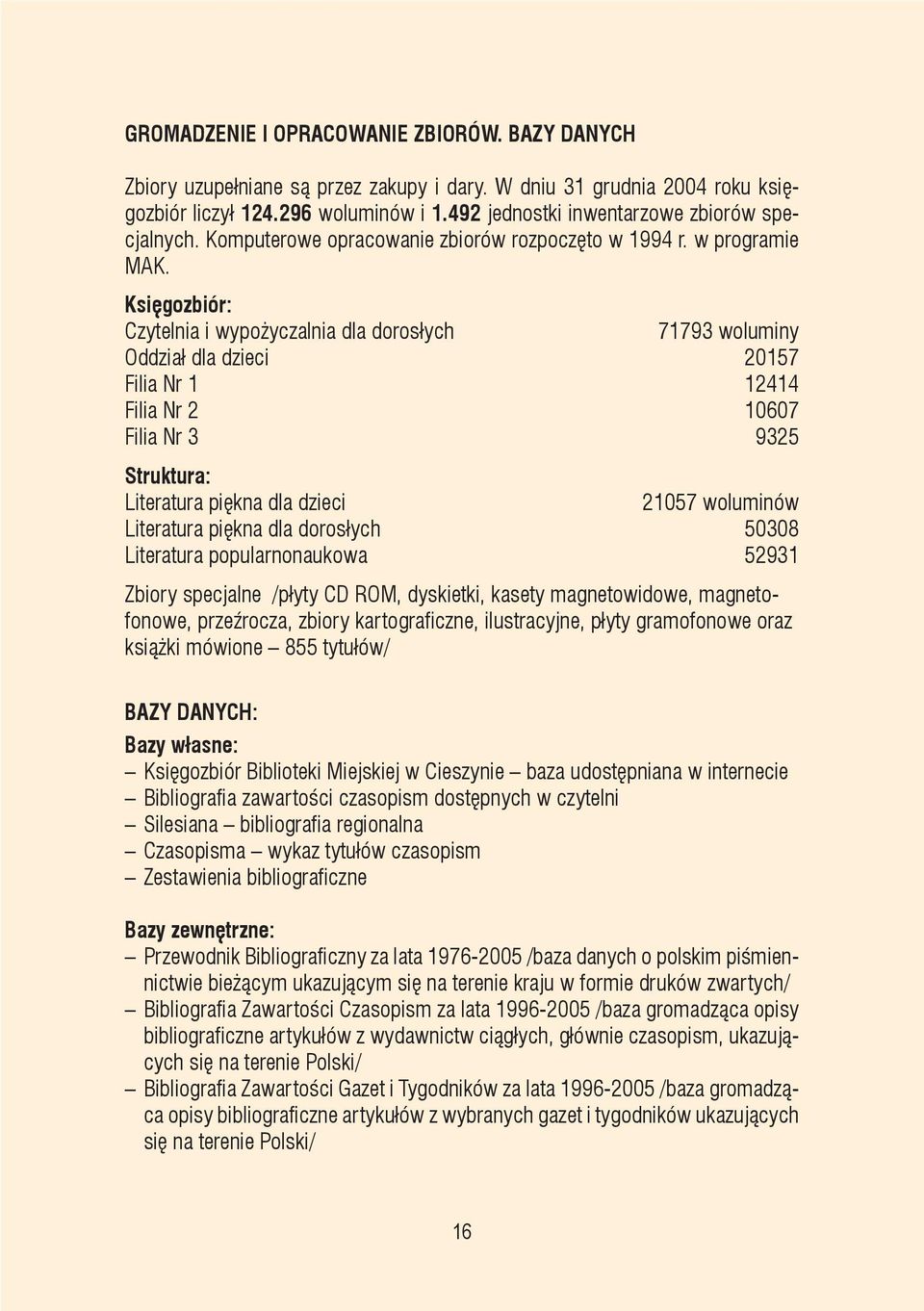 Księgozbiór: Czytelnia i wypożyczalnia dla dorosłych 71793 woluminy Oddział dla dzieci 20157 Filia Nr 1 12414 Filia Nr 2 10607 Filia Nr 3 9325 Struktura: Literatura piękna dla dzieci 21057 woluminów