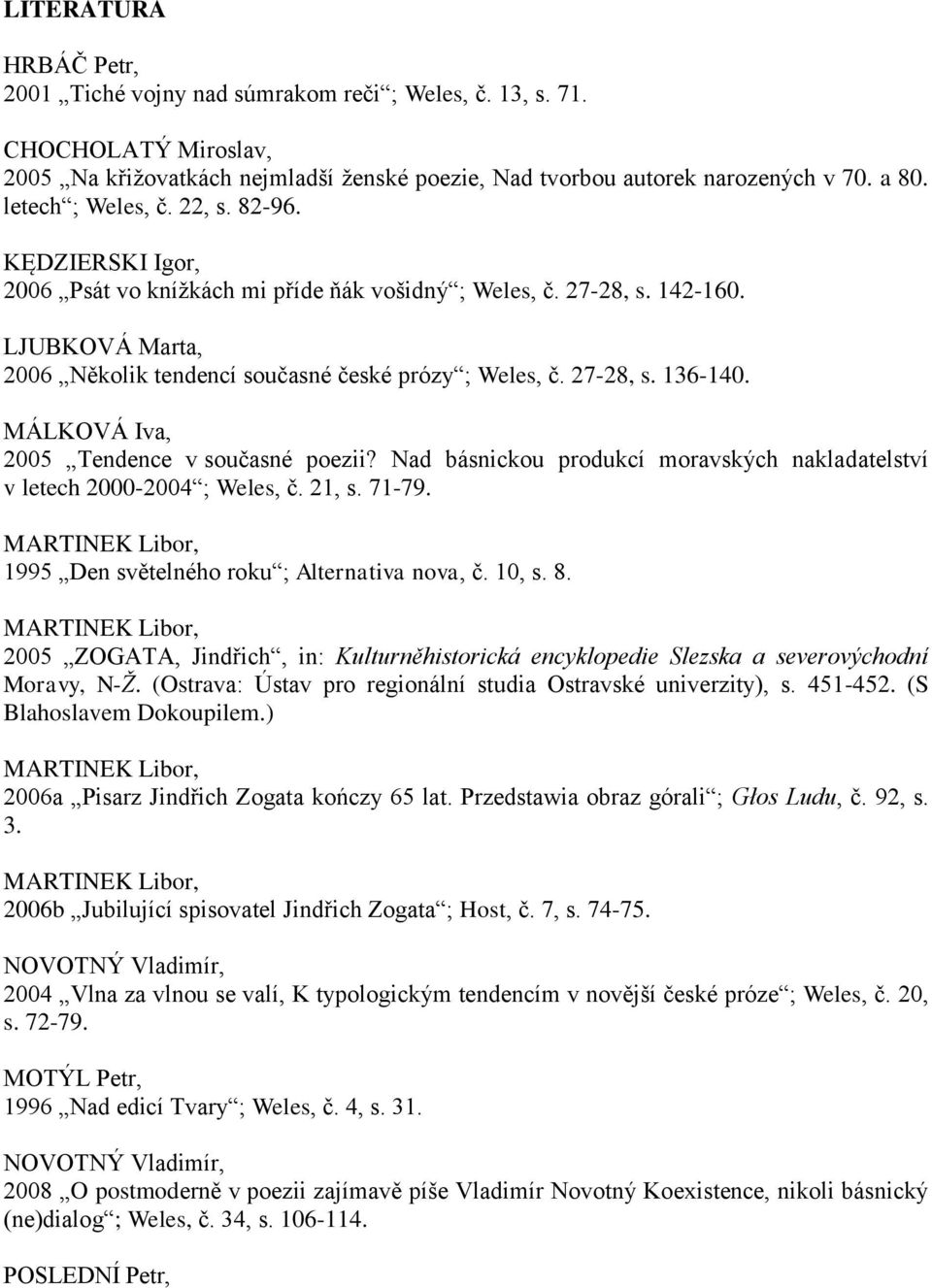 27-28, s. 136-140. MÁLKOVÁ Iva, 2005 Tendence v současné poezii? Nad básnickou produkcí moravských nakladatelství v letech 2000-2004 ; Weles, č. 21, s. 71-79.