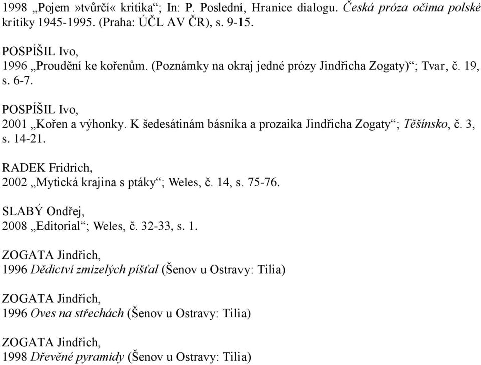 K šedesátinám básníka a prozaika Jindřicha Zogaty ; Těšínsko, č. 3, s. 14-21. RADEK Fridrich, 2002 Mytická krajina s ptáky ; Weles, č. 14, s. 75-76.