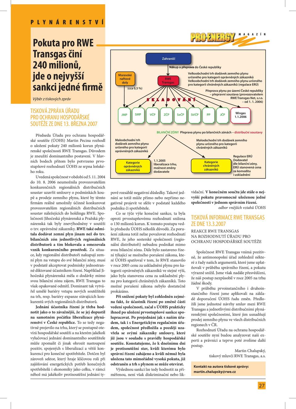 kategorii chráněných zákazníků (regulace ERÚ) Přeprava plynu po území České republiky přepravní soustava (provozovatelem RWE Transgas Net, s.r.o. od 1.