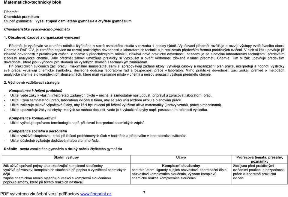 Vyučovací předmět rozšiřuje a rozvíjí výstupy vzdělávacího oboru Chemie z RVP GV, je zaměřen nejvíce na rozvoj praktických dovedností a laboratorních technik a je realizován především formou