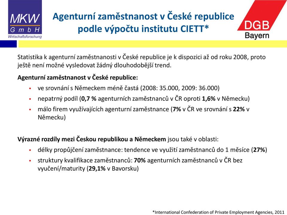 000) nepatrný podíl (0,7 % agenturních zaměstnanců v ČR oproti 1,6% v Německu) málo firem využívajících agenturní zaměstnance (7% v ČR ve srovnání s 22% v Německu) Výrazné rozdíly mezi Českou