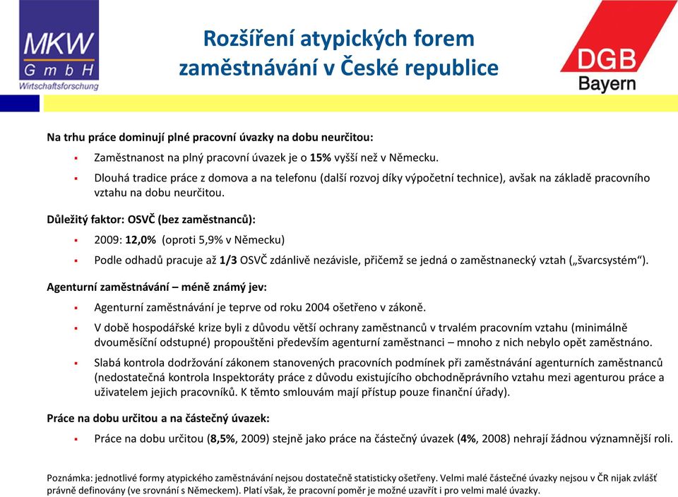 Důležitý faktor: OSVČ (bez zaměstnanců): 2009: 12,0% (oproti 5,9% v Německu) Podle odhadů pracuje až 1/3 OSVČ zdánlivě nezávisle, přičemž se jedná o zaměstnanecký vztah ( švarcsystém ).