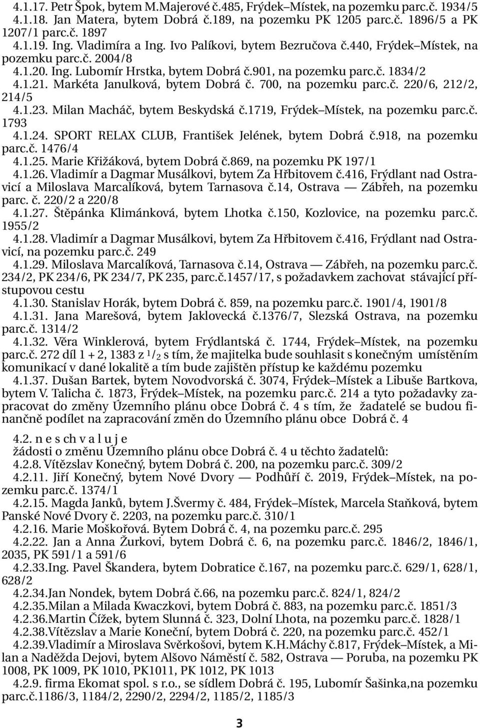 Markéta Janulková, bytem Dobrá č. 700, na pozemku parc.č. 220/6, 212/2, 214/5 4.1.23. Milan Macháč, bytem Beskydská č.1719, Frýdek Místek, na pozemku parc.č. 1793 4.1.24.