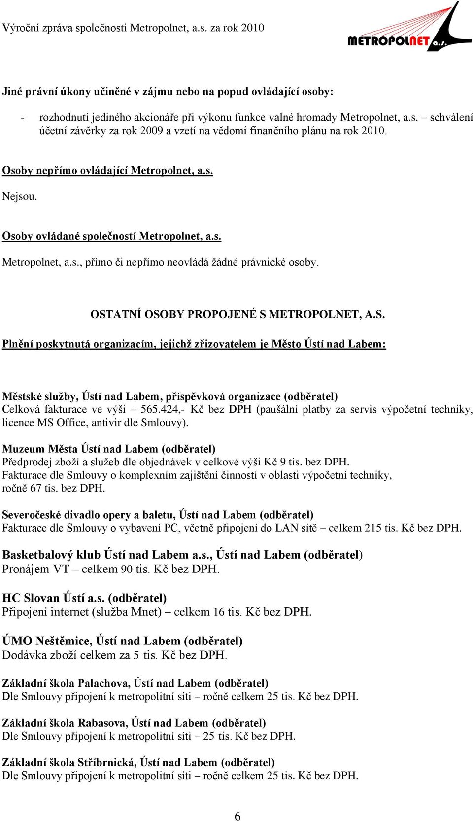 OSTATNÍ OSOBY PROPOJENÉ S METROPOLNET, A.S. Plnění poskytnutá organizacím, jejichţ zřizovatelem je Město Ústí nad Labem: Městské sluţby, Ústí nad Labem, příspěvková organizace (odběratel) Celková fakturace ve výši 565.