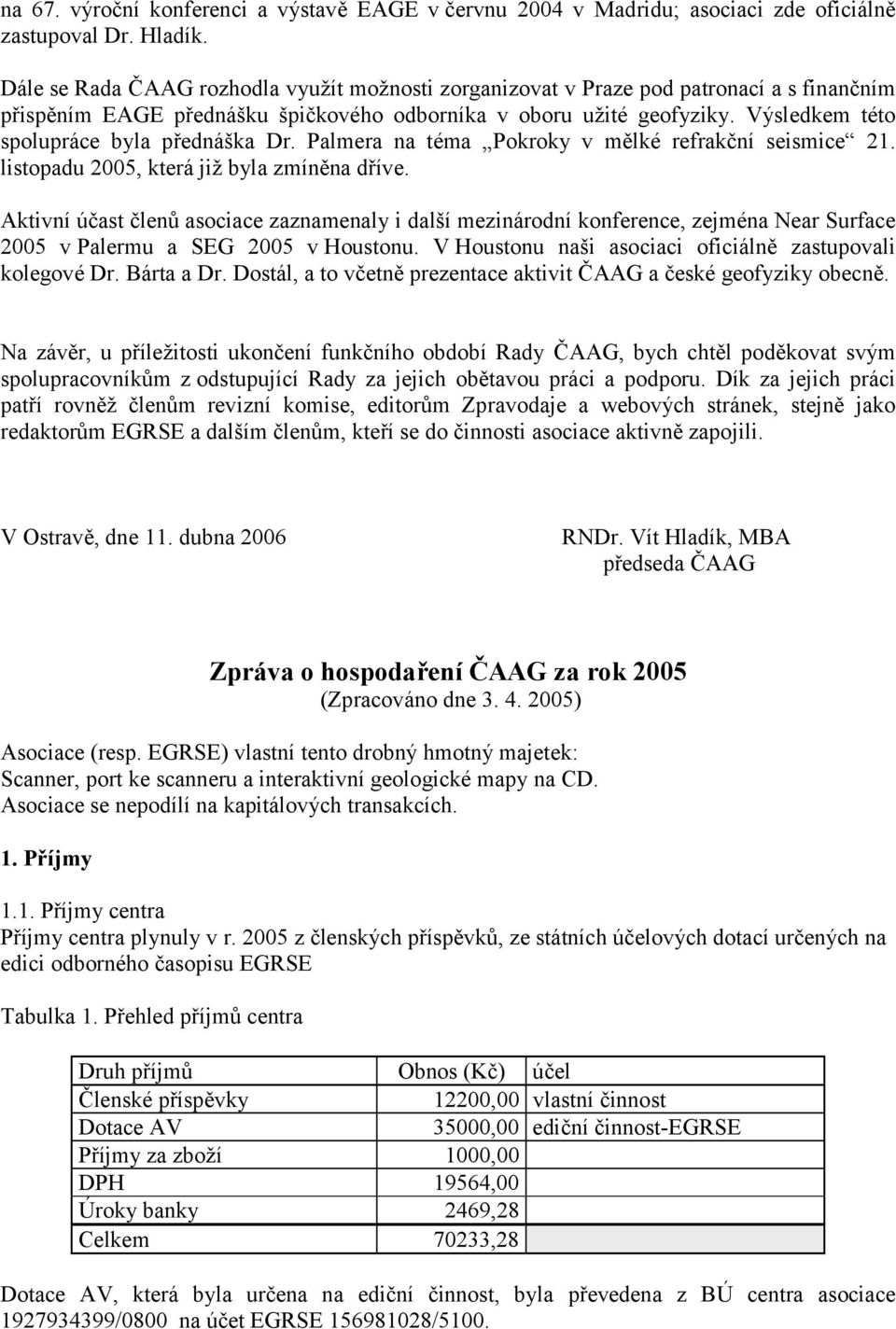 Výsledkem této spolupráce byla přednáška Dr. Palmera na téma Pokroky v mělké refrakční seismice 21. listopadu 2005, která již byla zmíněna dříve.