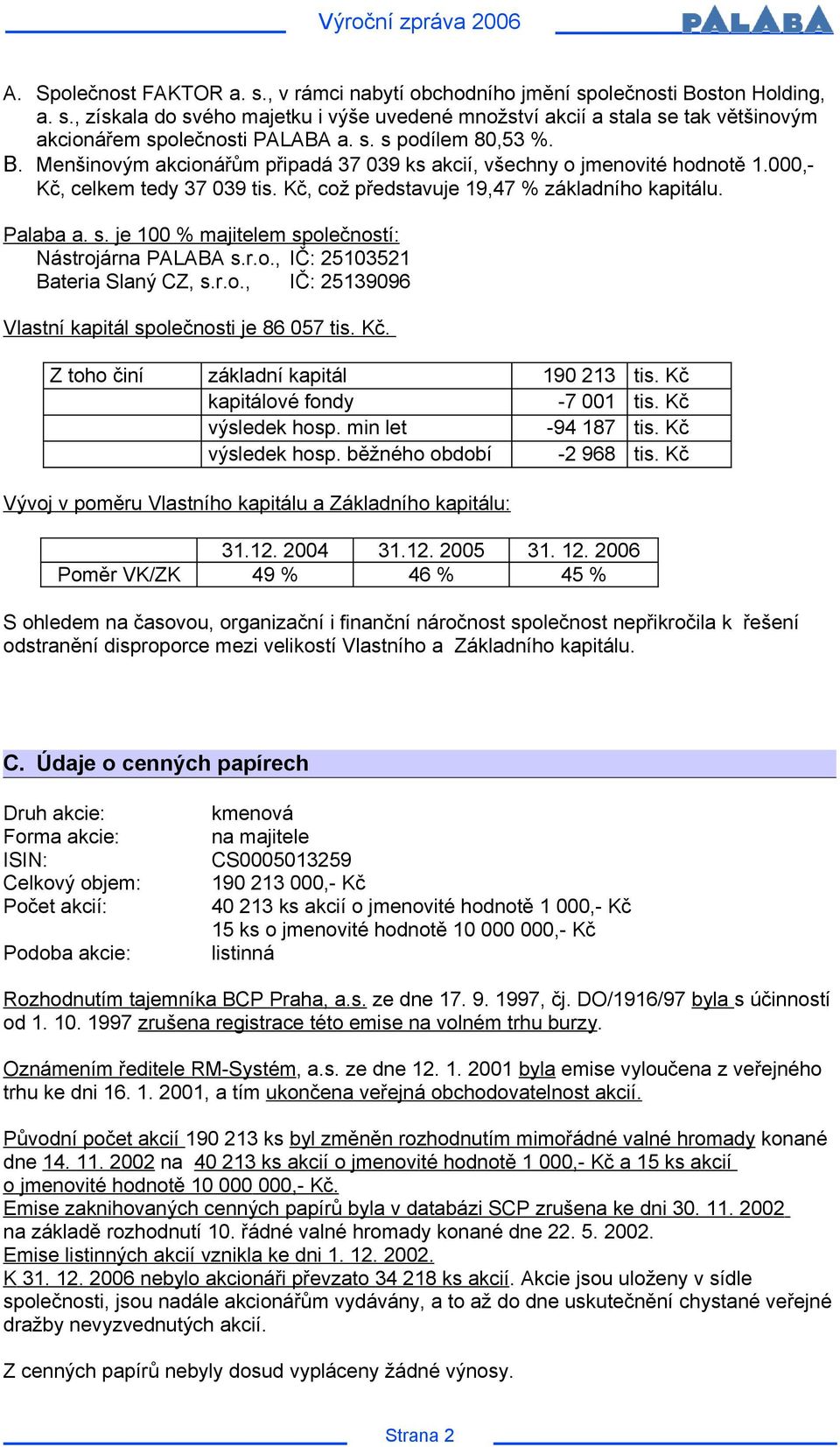 r.o., IČ: 25103521 Bateria Slaný CZ, s.r.o., IČ: 25139096 Vlastní kapitál společnosti je 86 057 tis. Kč. Z toho činí základní kapitál 190 213 tis. Kč kapitálové fondy -7 001 tis. Kč výsledek hosp.