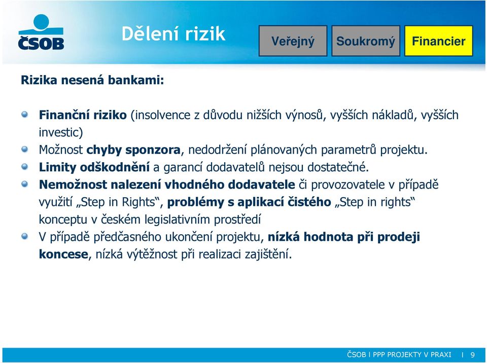 Nemožnost nalezení vhodného dodavatele či provozovatele v případě využití Step in Rights, problémy s aplikací čistého Step in rights konceptu v