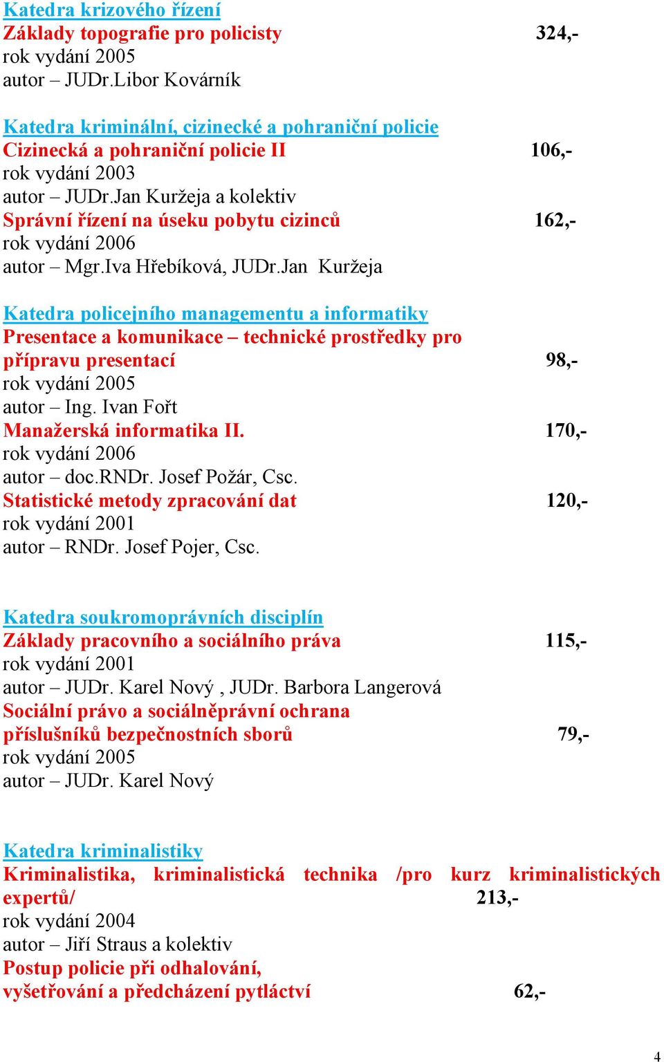 Jan Kuržeja Katedra policejního managementu a informatiky Presentace a komunikace technické prostředky pro přípravu presentací 98,- autor Ing. Ivan Fořt Manažerská informatika II. 170,- autor doc.