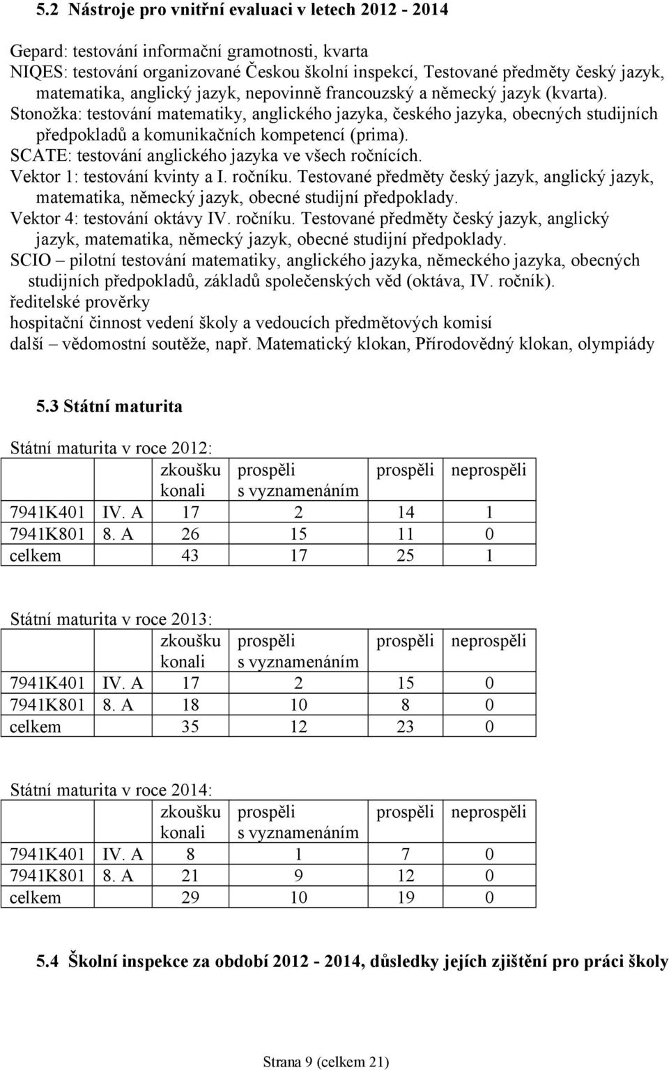 SCATE: testování anglického jazyka ve všech ročnících. Vektor 1: testování kvinty a I. ročníku. Testované předměty český jazyk, anglický jazyk, matematika, německý jazyk, obecné studijní předpoklady.